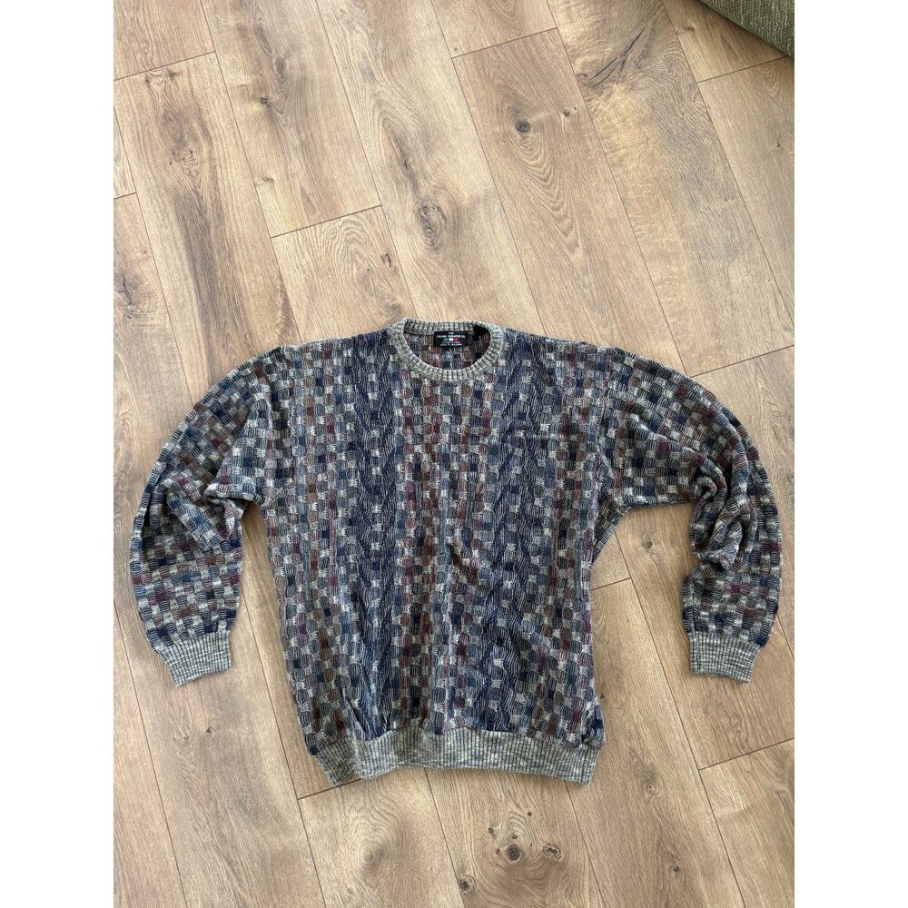 THE ITALIAN SWEATER CO. 90's L woven grandpa ugly sweater crewneck checkered